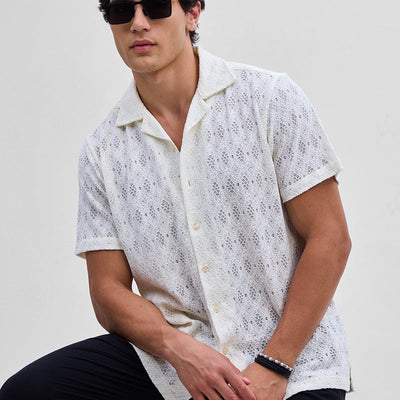 White Self-Design Crochet Shirt