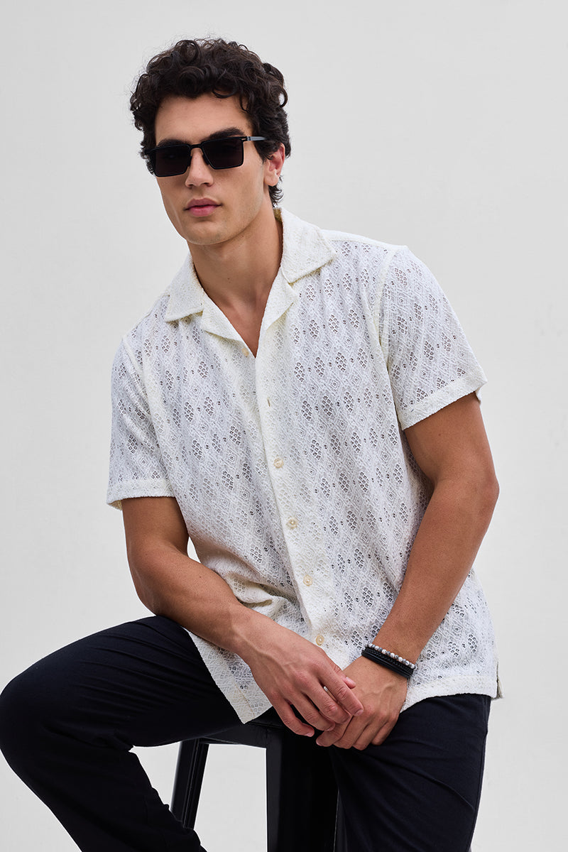 White Self-Design Crochet Shirt