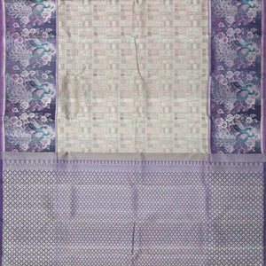 Grey Handloom Kanchipuram Silk Saree With Peacock Border
