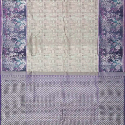 Grey Handloom Kanchipuram Silk Saree With Peacock Border
