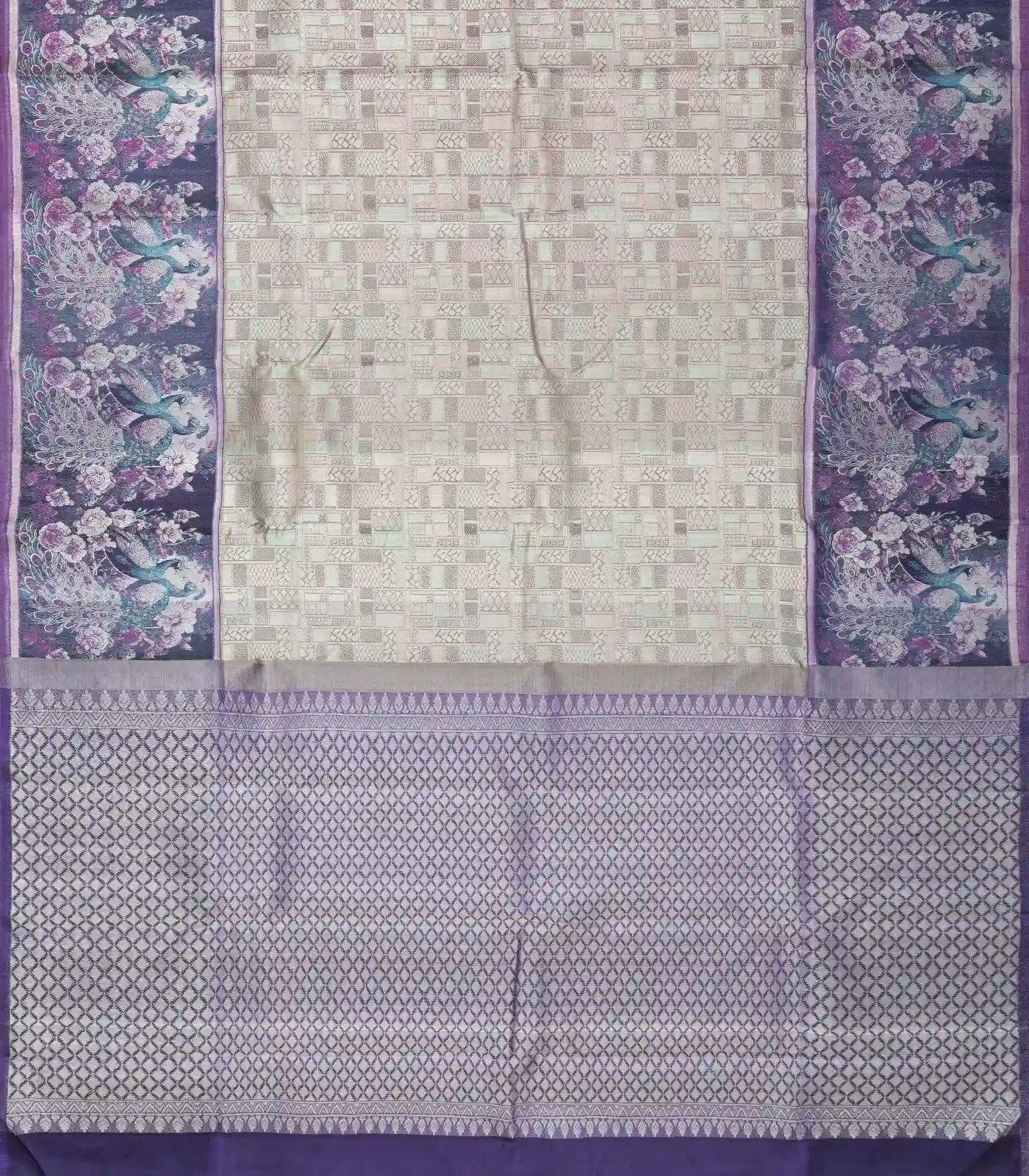 Grey Handloom Kanchipuram Silk Saree With Peacock Border