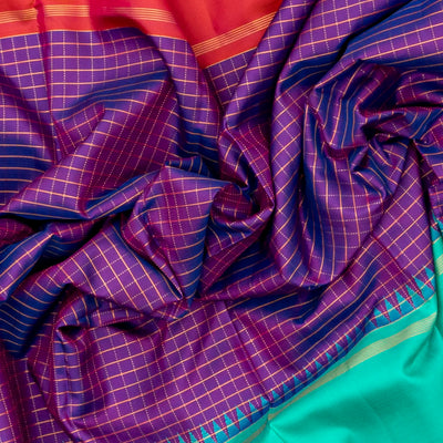 Purple Handloom Kanchipuram Korvai Silk Saree With Ganga Jamuna Border