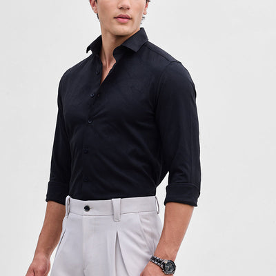 Black Slim Fit Self-Design Shirt