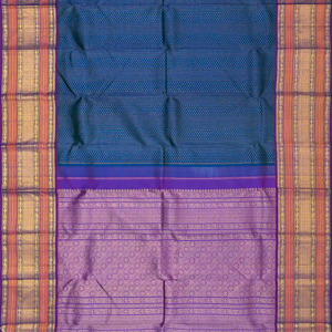 Peacock Blue Handloom Kanchipuram Silk Saree With Stripes & Diamond Motifs