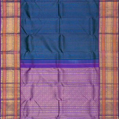 Peacock Blue Handloom Kanchipuram Silk Saree With Stripes & Diamond Motifs