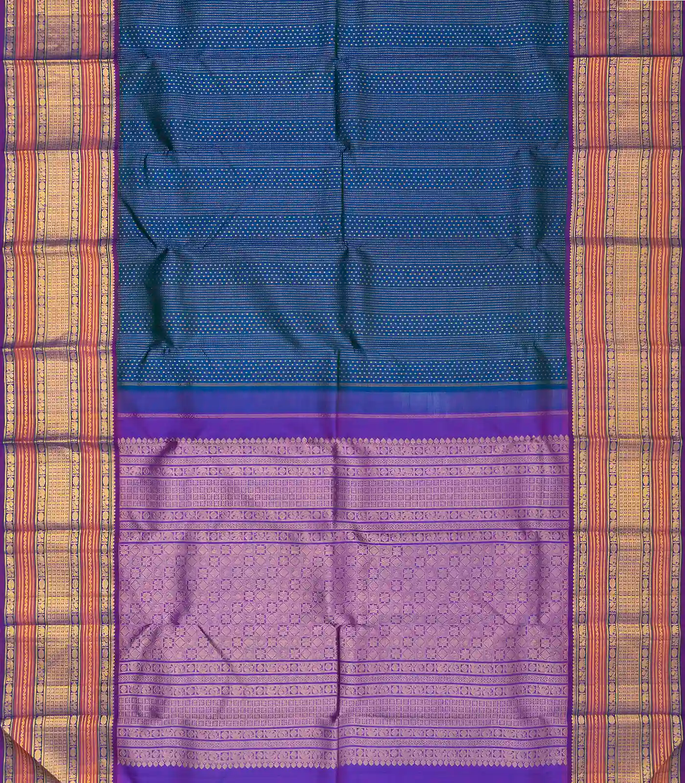 Peacock Blue Handloom Kanchipuram Silk Saree With Stripes & Diamond Motifs