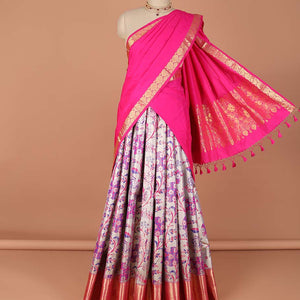 Grey floral vine design art-silk half saree, contrast traditional zari border,zari design blouse & intricate dhavani