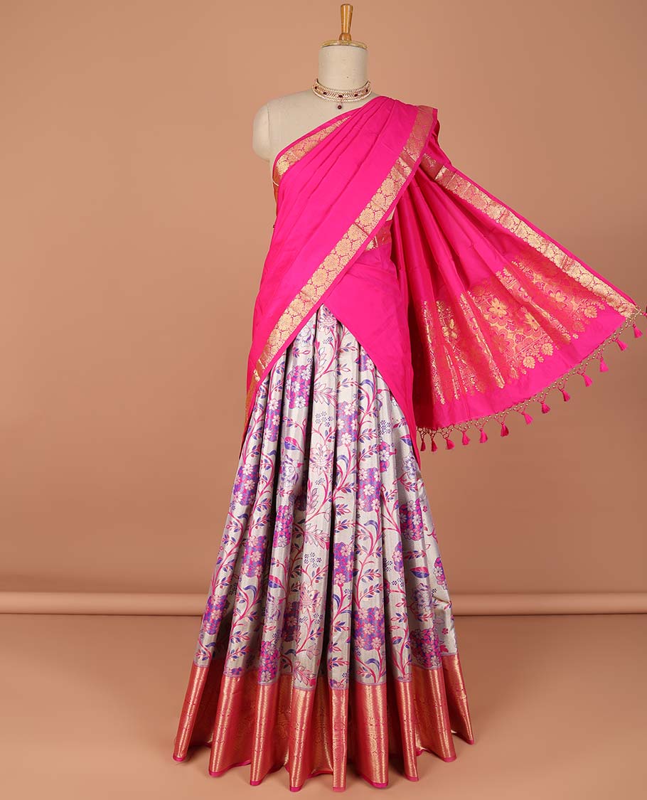 Grey floral vine design art-silk half saree, contrast traditional zari border,zari design blouse & intricate dhavani