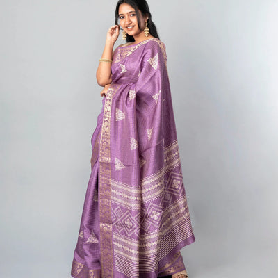 Lilac Woven Dola Synthetic Saree With Printed Floral Motifs