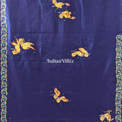 Dark Blue Arjuna Bows to Navagunjara Hand-Painted Pattachitra Saree