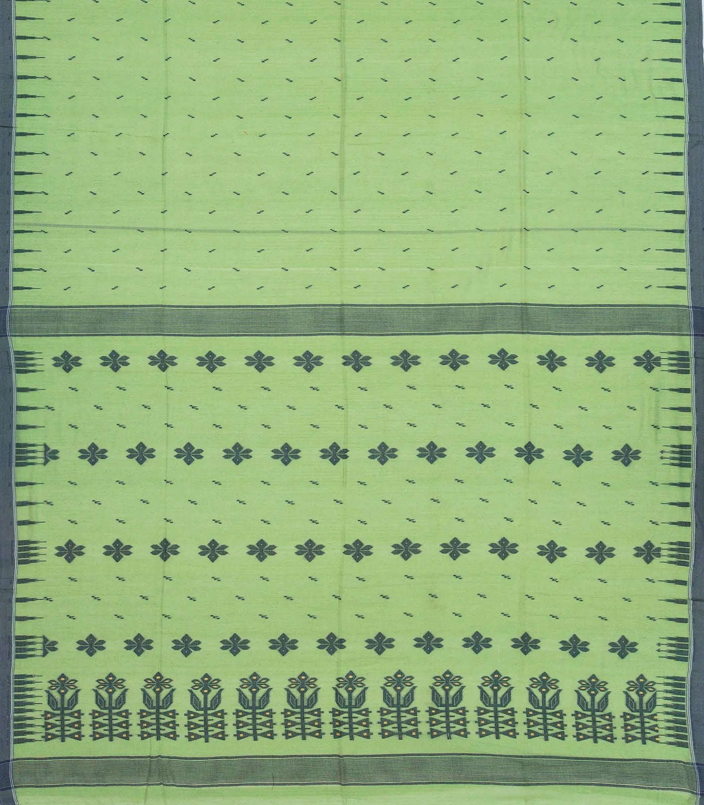 Mint Green Bengal Cotton Saree With Floral Motifs