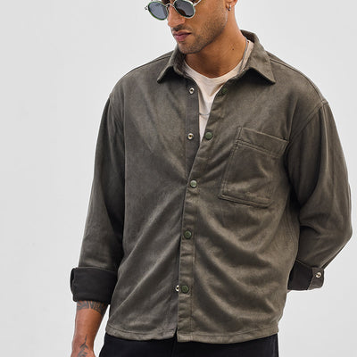 Olive Suede Snap Button Overshirt