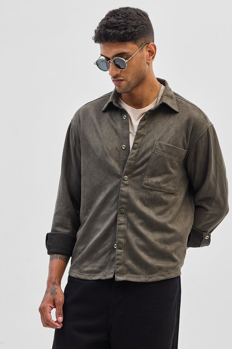 Olive Suede Snap Button Overshirt