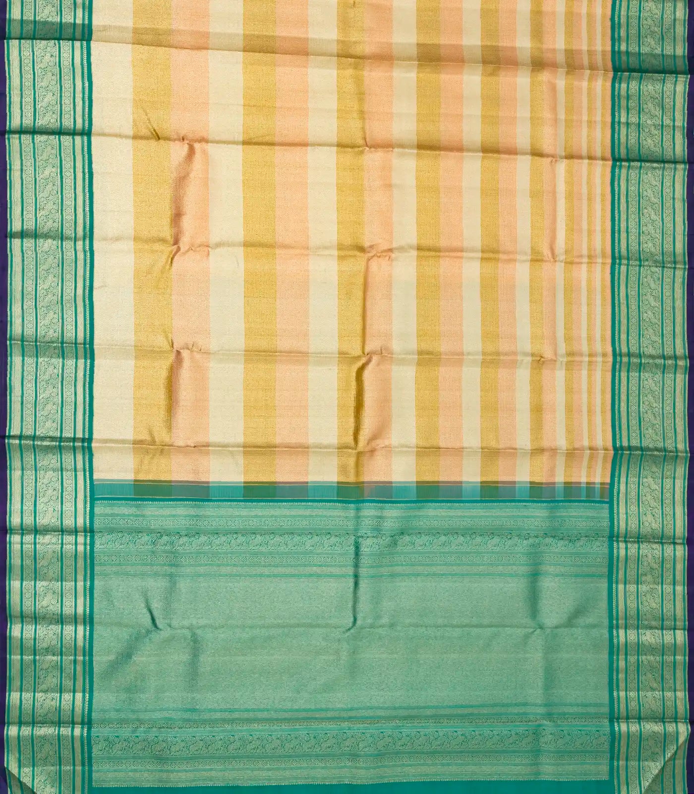 Multi Colour Handloom Kanchipuram Korvai Silk Saree With Stripes