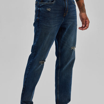 Dark Blue Distressed Slim Fit Jeans