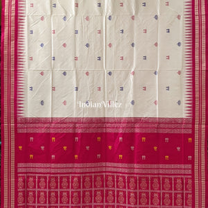 White Maroon Laxmi Pada & Mushroom Motif Sambalpuri Bomkai Silk Saree