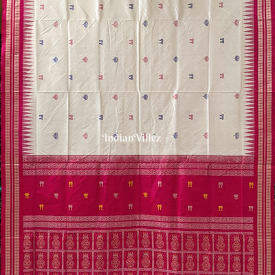White Maroon Laxmi Pada & Mushroom Motif Sambalpuri Bomkai Silk Saree