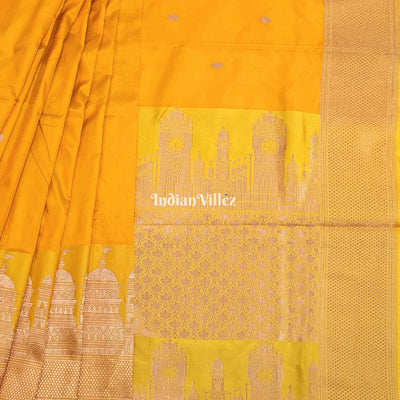 Yellow Banarasi Katan Silk Saree Inspired by Big Ben, London & United States Capitol, Washington DC