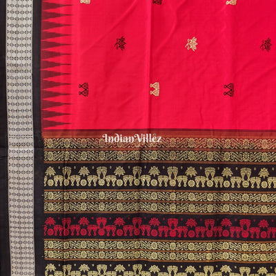 Red Laxmi Pada Lotus Sambalpuri Ikat Bomkai Silk Saree
