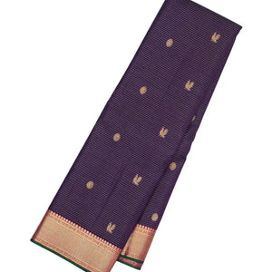 Dark Purple Handloom Kanchipuram Silk Saree With Stripes & Annam Buttas