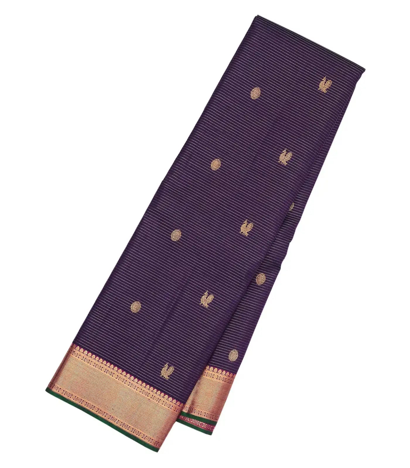 Dark Purple Handloom Kanchipuram Silk Saree With Stripes & Annam Buttas