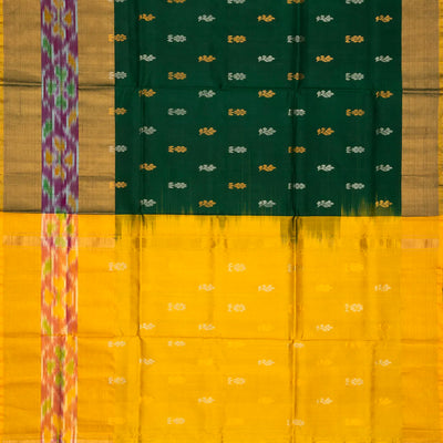 Dark Green Uppada Silk Saree With Floral Buttas & Tie & Dye Border