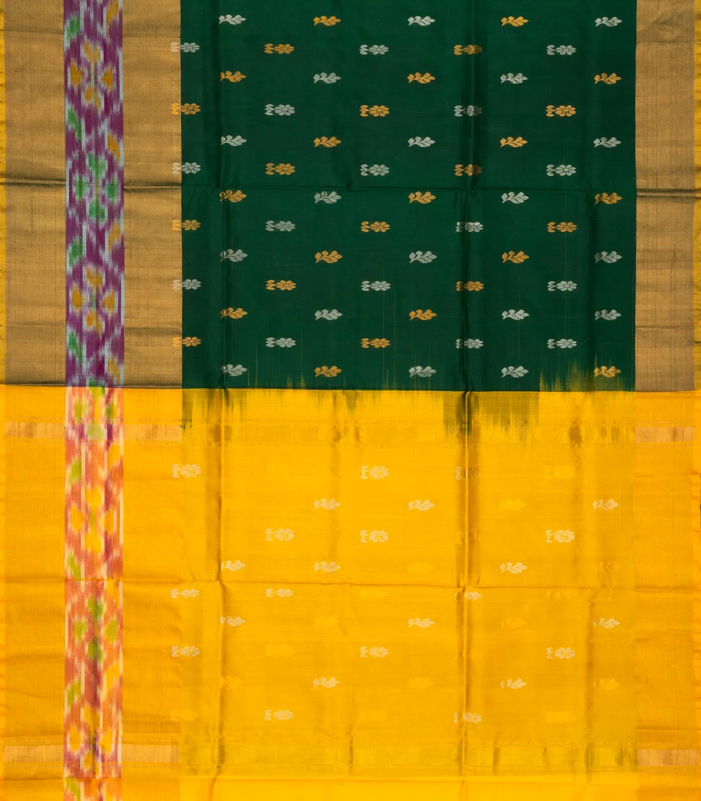 Dark Green Uppada Silk Saree With Floral Buttas & Tie & Dye Border