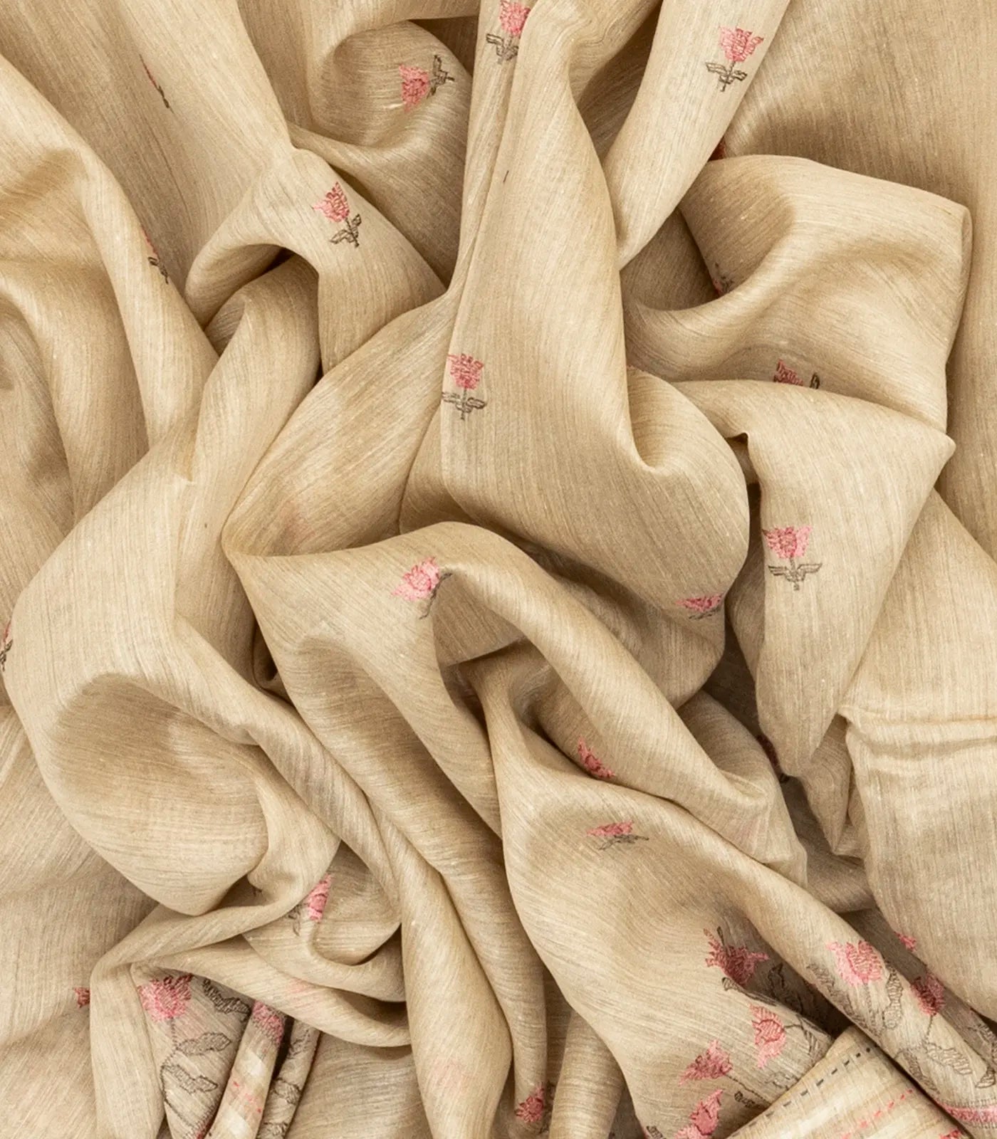 Taupe Handloom Tussar Silk Saree Embroidered With Floral Motifs