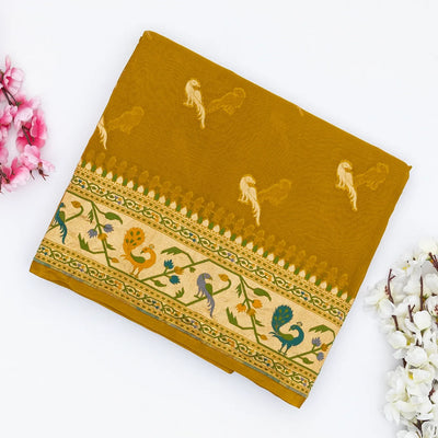 Oil Mustard Handwoven Banarasi Khaddi Georgette Silk Saree With Peacock Motifs
