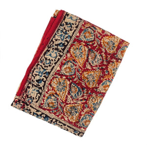 Crimson Woven Kalamkari Cotton Saree With Printed Floral Vine Motifs