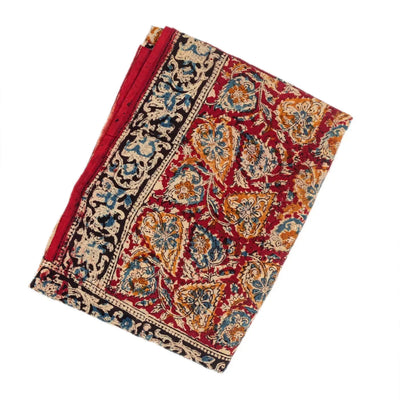 Crimson Woven Kalamkari Cotton Saree With Printed Floral Vine Motifs