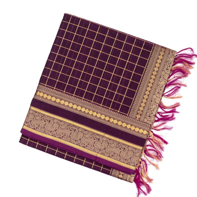 Burgundy Handloom Silk Cotton Saree With Zari Checks