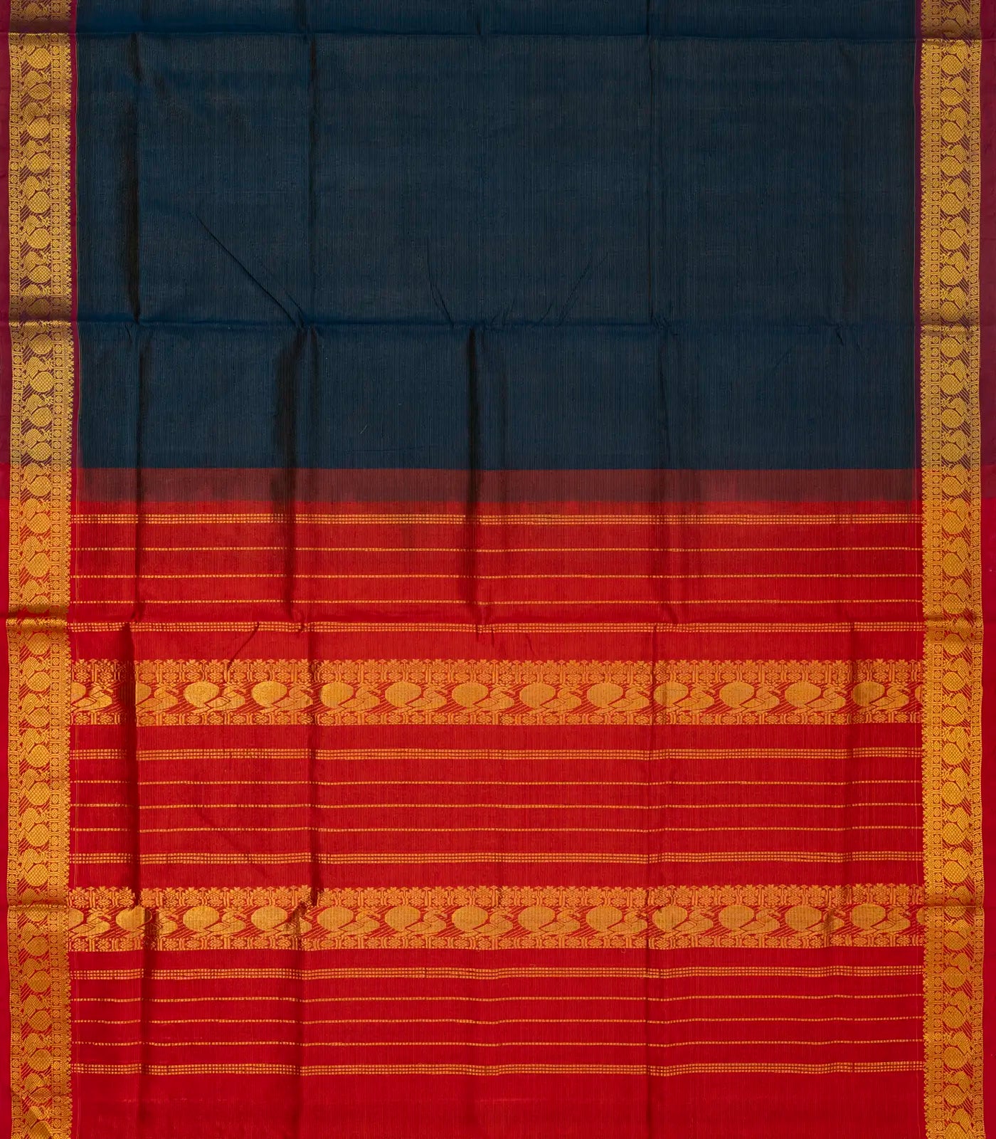 Midnight Blue Handloom Silk Cotton Saree With Zari Stripes