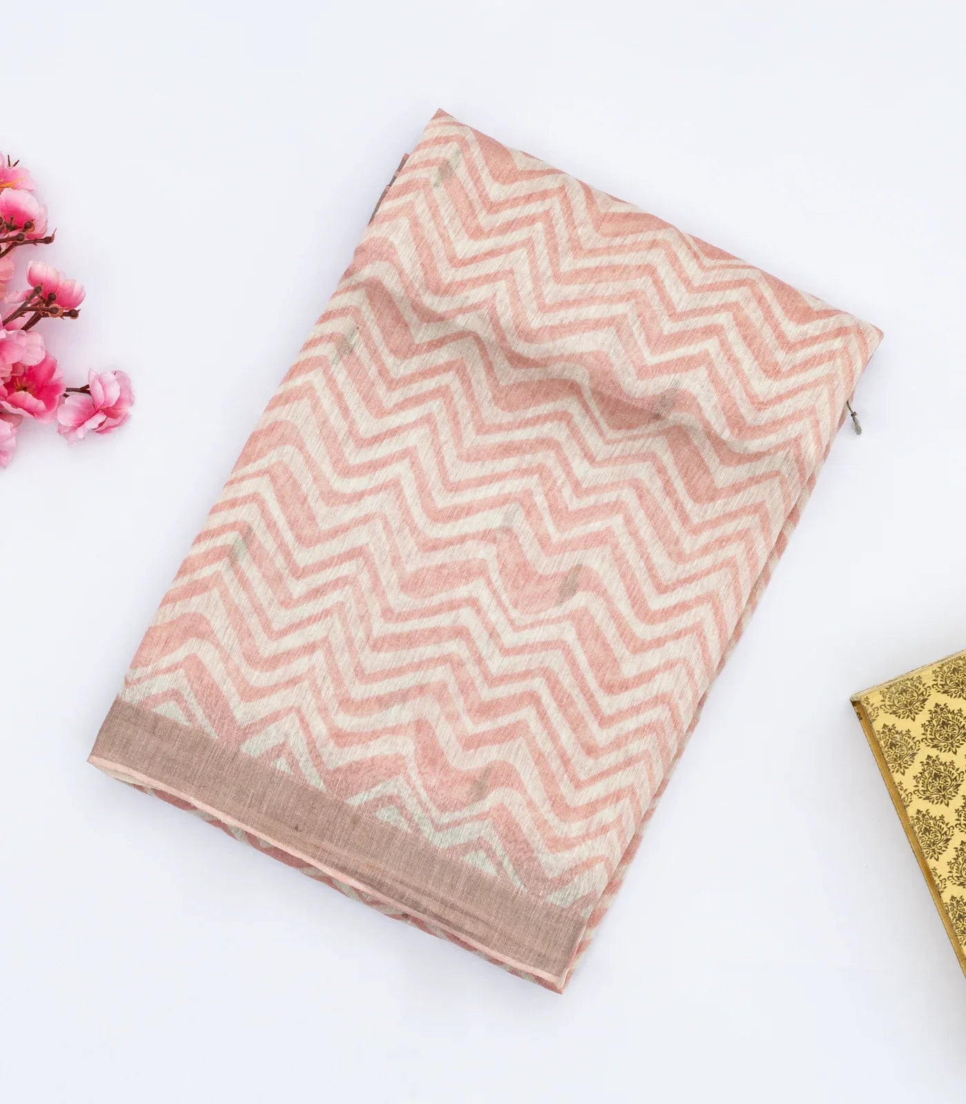 Baby Pink Handloom Tussar Linen Silk Saree With Chevron Motifs