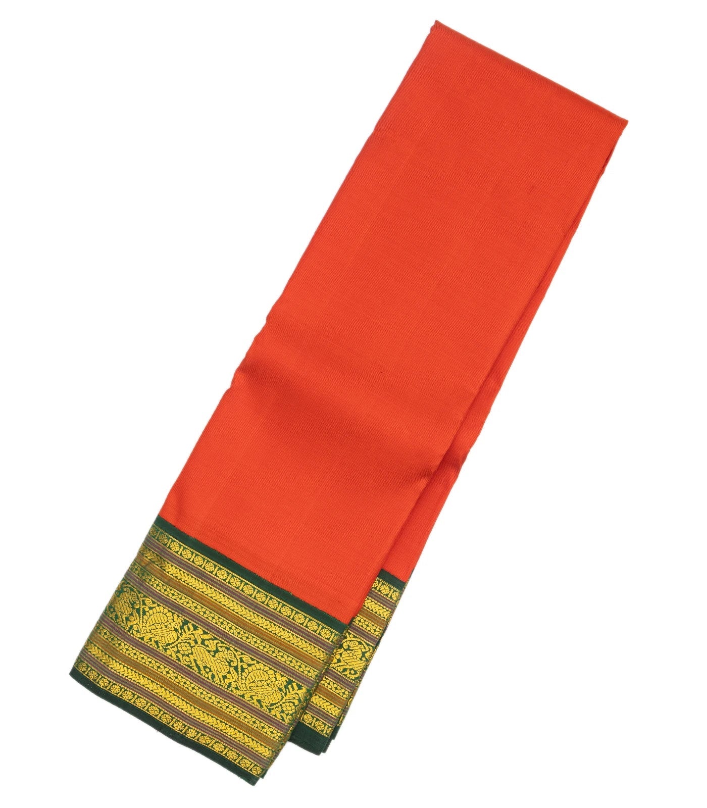 Orange Handloom Kanchipuram Korvai Silk Saree With Green Border