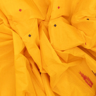 Yellow Handloom Rasipuram Cotton Saree With Diamond & Temple Motifs