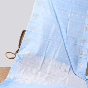 Blue floral buttas raw mango silk saree with self floral border & jaal zari design pallu