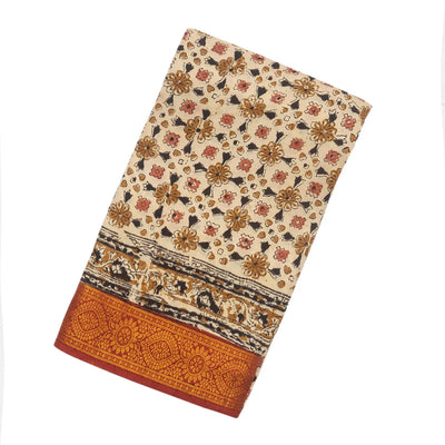 Cream Woven Kalamkari Printed Cotton Saree With Floral Motifs