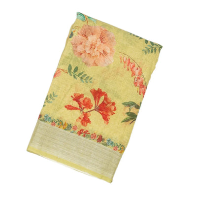 Pista Green Handloom Linen Saree With Printed Floral Motifs