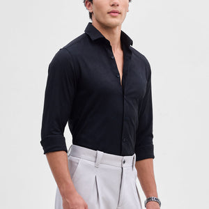 Black Slim Fit Self-Design Shirt