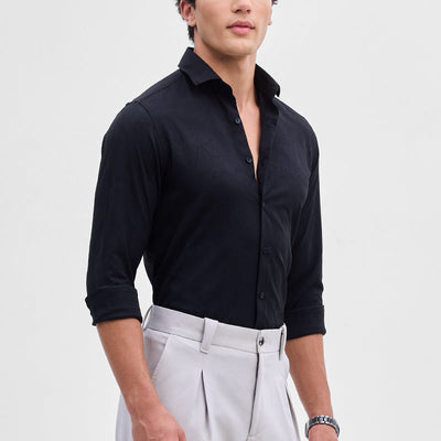 Black Slim Fit Self-Design Shirt