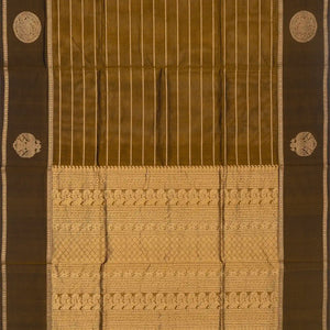 Dark Olive Handloom Silk Cotton Saree With Veldari stripes