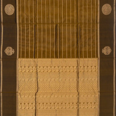 Dark Olive Handloom Silk Cotton Saree With Veldari stripes