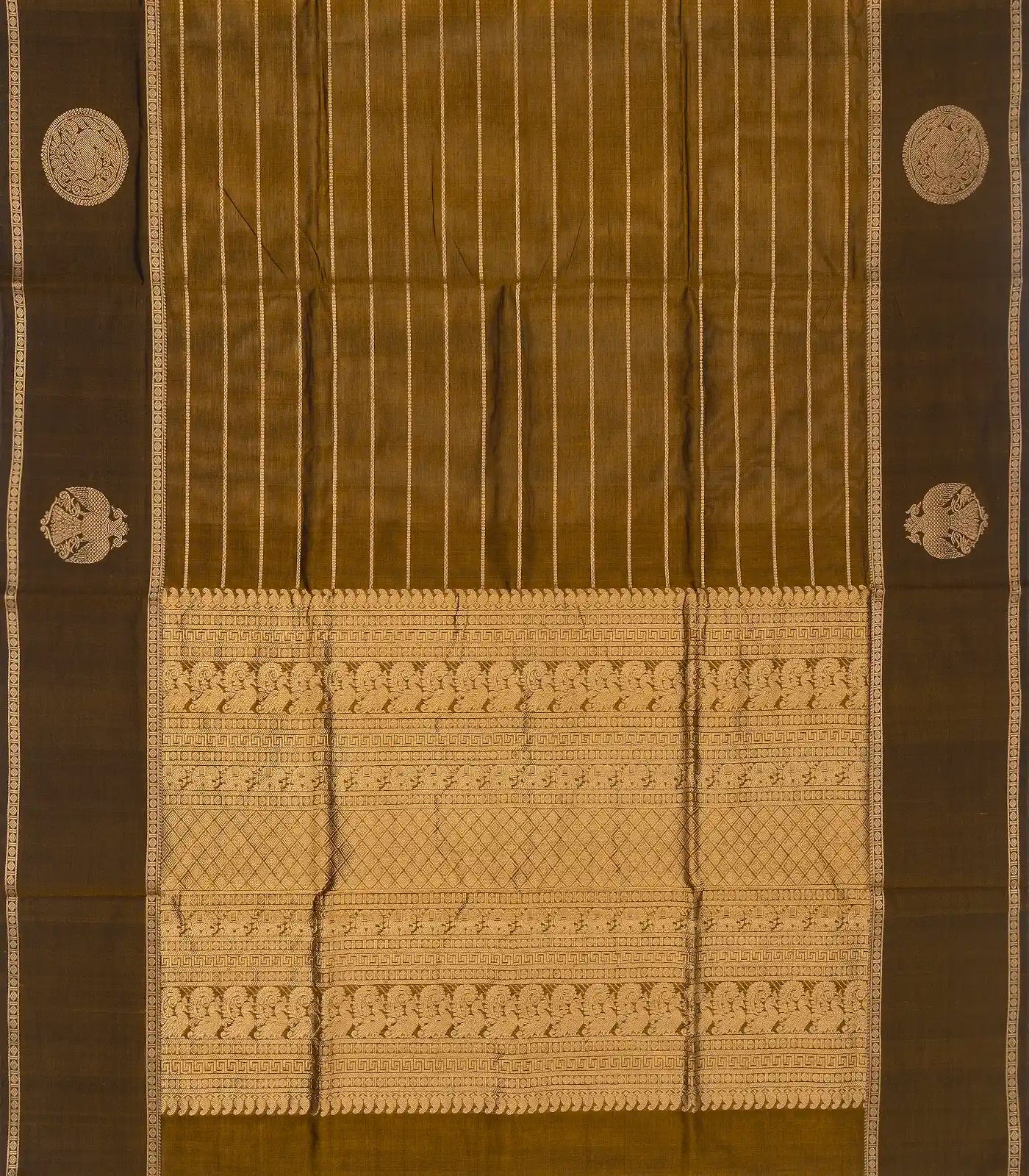 Dark Olive Handloom Silk Cotton Saree With Veldari stripes