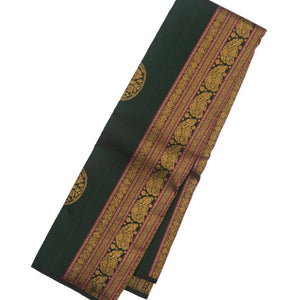 Bottle Green Handloom Kanchipuram Silk Saree With Stripes & Buttas