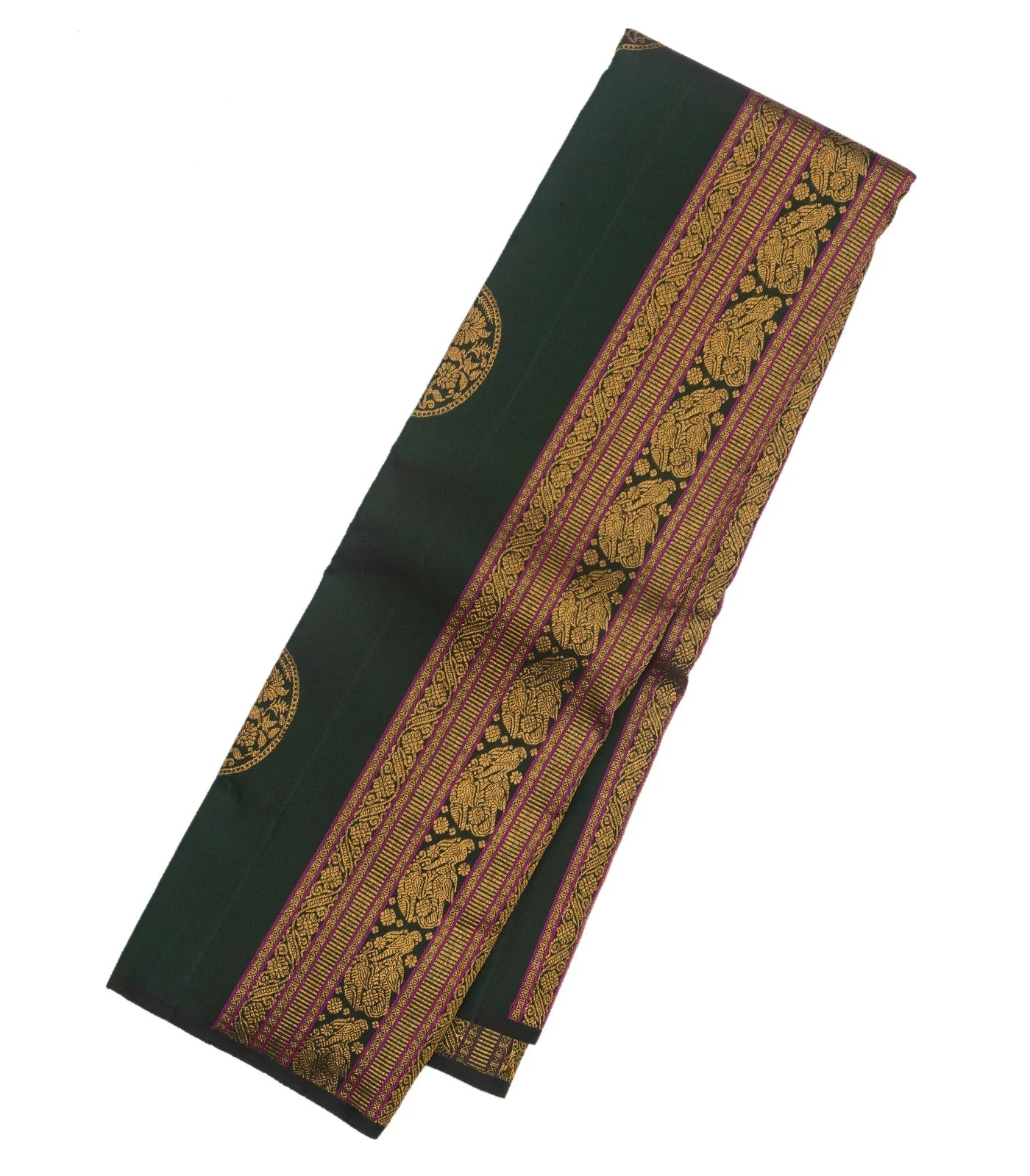 Bottle Green Handloom Kanchipuram Silk Saree With Stripes & Buttas