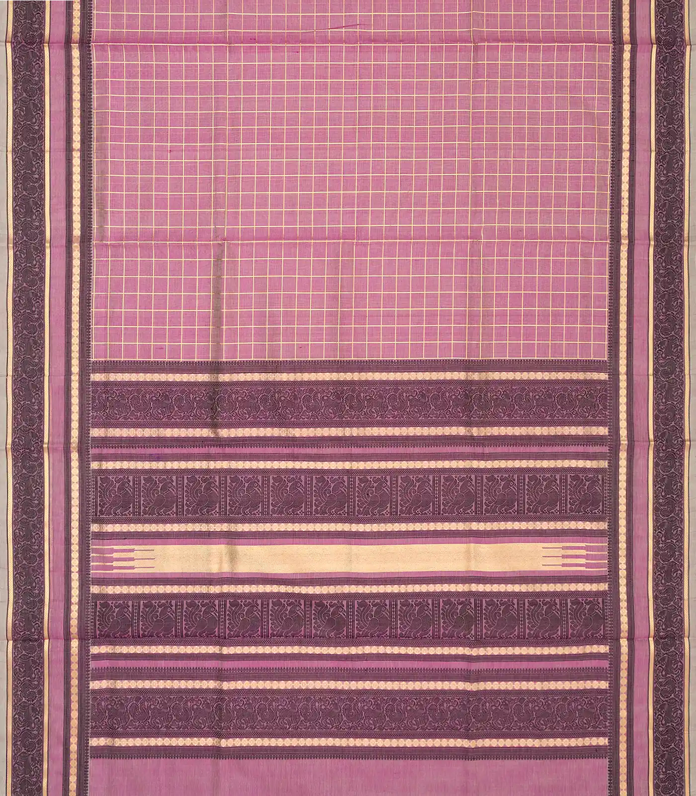Lilac Handloom Silk Cotton Saree With Zari Checks