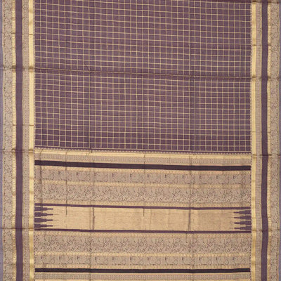 Dark Grey Handloom Silk Cotton Saree With Zari Checks