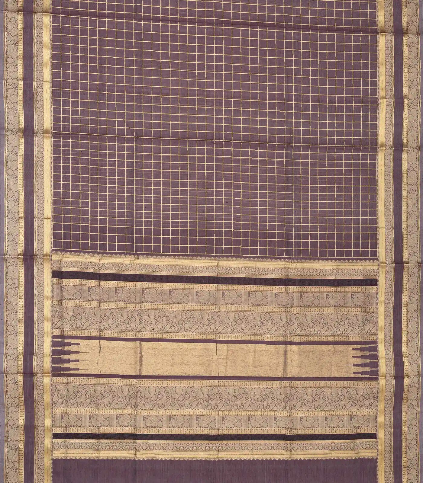 Dark Grey Handloom Silk Cotton Saree With Zari Checks