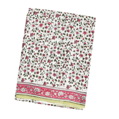 White Woven Jaipur Cotton Saree With Pink Printed Floral Motifs